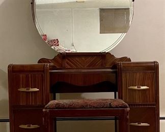 1940'S Bakelite Metal Handled Dressing Table With Oval Mirror And Stool