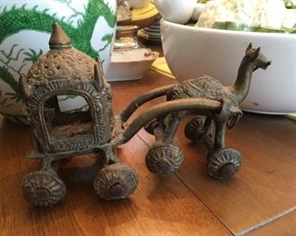 Bronze dynasty animal w/ cart on wheels 