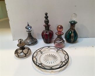 Antique sterling silver on glass perfume bottles