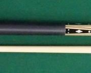 1003 Palmer Pool Cue; First Catalog, Model 5 Circa 1965; butt: 28 1/2", 15.9 oz.; shaft: 28 3/4", 4.2 oz, 12.6mm; total length 57", 20.1 oz; refinished by Proficient Billiards, Ephrata, PA; ebony points (dead even) with four veneers, linen wrap, straight, 40 MOP inlays; window reads "Original by Palmer" on silver foil; mint condition
