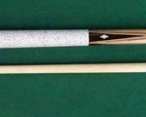1002 Palmer Pool Cue; First Catalog, Model 3 Circa 1965; butt: 28 3/4", 14.1 oz.; shaft: 28 1/2", 3.6 oz, 12.1mm; total length 57 1/4", 17.7 oz; refinished by Proficient Billiards, Ephrata, PA; rare ebony Brunswick Titlist conversion, atypical 5/16 x 14 pin, linen wrap, straight, veneers in one of the points are damaged; 16 MOP inlays; very good condition