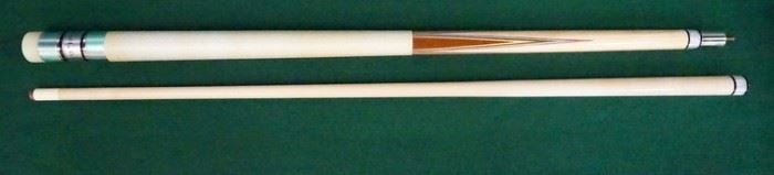 1005	Palmer Pool Cue; First Catalog, Model 7	Circa 1965; butt: 28 1/2", 15.8 oz.; shaft: 29", 3.8 oz, 12.75mm; total length 57 1/2", 19.6 oz; refinished by Proficient Billiards, Ephrata, PA; Brunswick Titlist conversion, linen wrap; window reads "Original by Palmer" on silver foil; wrap is soiled, slight lift at butt joint but tip doesn't leave the table when together; very good conditon
