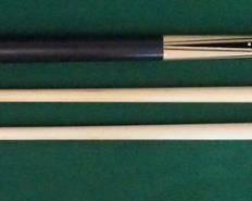 1015 Palmer Pool Cue; Second Catalog, Model J Circa 1968; butt: 28 3/4", 14.7 oz; shaft #1: 29", 4.1 oz, 13.2mm; shaft #2: 29", 4 oz, 13.2mm; total lenght is 57 3/4" with either shaft; weight is 18.8 oz or 18.7 oz; refinished by Proficient Billiards, Ephrata, PA; ebony reverse splice, smooth leather wrap, two identical (length, tips, ferrules) shafts that are original to the cue, everything is straight, 64 MOP inlays; window reads "Michael Ketcham" "Original by Palmer" on silver foil; a superb example in mint condition