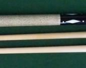 1026 Palmer Pool Cue; Third Catalog, Model 17 Circa 1971; butt: 28 1/2", 15.6 oz; shaft #1: 28 1/4", 3.4 oz, 11.3mm; shaft #2: 28 1/2", 3.4 oz, 11.75mm; total length is 56 3/4" or 57"; total weight is 19 oz with either shaft; unrestored original, ebony forearm, original linen wrap, 60 MOP inlays and MOP butt cap; butt has light lift at joint, shafts are straight with natural material ferrules; excellent condition