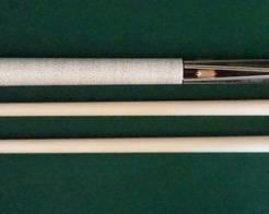 1029 Palmer Pool Cue; Model PB-11 Circa 1980; butt: 28 1/2", 15.1 oz; shaft #1: 29 1/4", 4 oz, 13.5mm; shaft #2: 29 1/4", 3.8 oz, 13.7mm; total lenght is 57 3/4" with either shaft; total weight is 19.1 oz or 18.9 oz; top of the line PB series model 11; rarely used; extensive wood inlays in the points and butt sleeve, highly figured maple forearm, straight, linen wrap; made by Adam - Japan, to Palmer's specifications; mint original condition