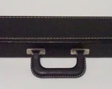 1046 Vintage 1x2 Box Cue Case Black exterior, blue interior, white stitching, 31 1/2"; holds 1 butt and 2 shafts; unknown maker; excellent condition