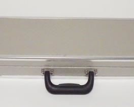 1048 New Action 2x4 Box Cue Case Brand new Action 2x4 case with silver vinyl extrior and black interior with lidded storage compartment; holds 2 butts and 4 shafts; 35" long; combination lock clasps; new, unused condition