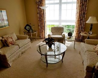 Love seat, matching set, arm chair, coffee table with matching side tables