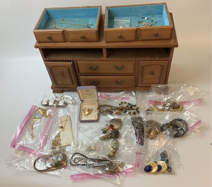 Jewelry Box with Mostly Costume Jewelry, some 14K  and sterling.