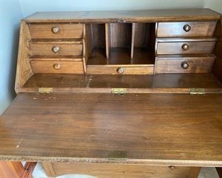 7/ $595 Antique American walnut Drop front desk 	44"L x 44"T x 19 1/2"D 			