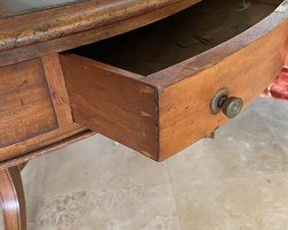 8/ $750 Antique Empire style Round Mahogany tambour table with green leather top 