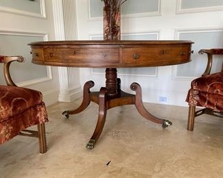 8/ $750 Antique Empire style Round Mahogany tambour table with green leather top 
