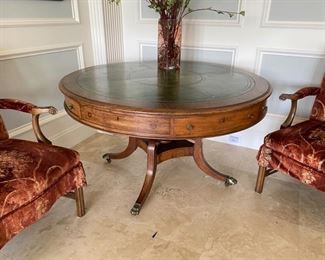 8/ $750 Antique Empire style Round Mahogany tambour table with green leather top 