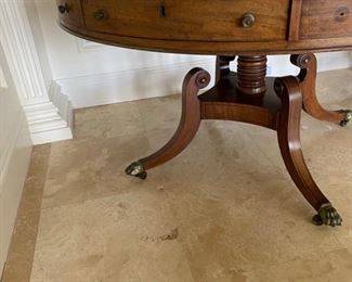 8/ $750 Antique Empire style Round Mahogany tambour table with green leather top 