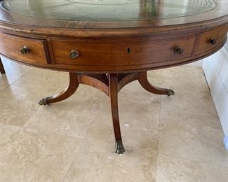 8/ $750 Antique Empire style Round Mahogany tambour table with green leather top 