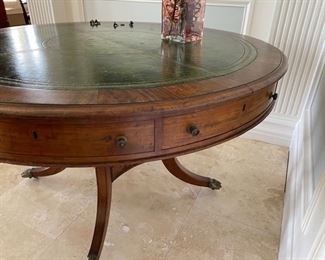 8/ $750 Antique Empire style Round Mahogany tambour table with green leather top 