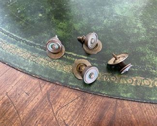 8/ $750 Antique Empire style Round Mahogany tambour table with green leather top 