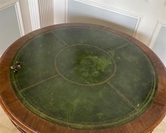 8/ $750 Antique Empire style Round Mahogany tambour table with green leather top 