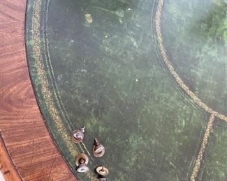 8/ $750 Antique Empire style Round Mahogany tambour table with green leather top 