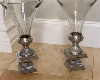 14- $48 Pair of glass and pewter bases vases 12" x 8 1/2"		