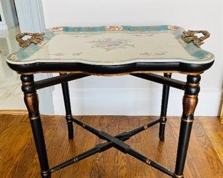 1-131 English Victorian Tole Tray on a Later Stand
22.5" tall x 25" wide x 18.5" deep