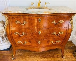 1-89 Sherle Wagner Marble Vanity Sink with Marble Backsplash and 24K Gold Faucet, 19th Century