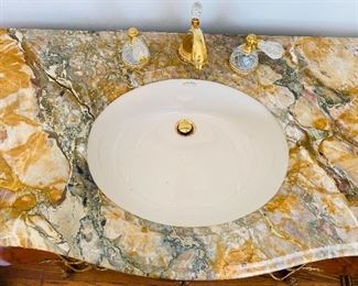 1-89: Sherle Wagner Marble Vanity Sink with Marble Backsplash and 24K Gold Faucet, 19th Century