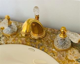 1-89: Sherle Wagner Marble Vanity Sink with Marble Backsplash and 24K Gold Faucet, 19th Century