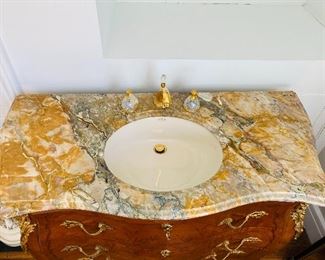 1-89: Sherle Wagner Marble Vanity Sink with Marble Backsplash and 24K Gold Faucet, 19th Century