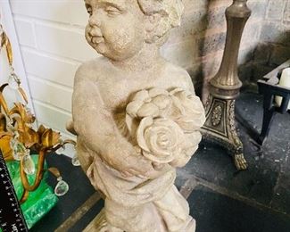 1-110 Antique Cast Stone Boy with Flowers Statue
