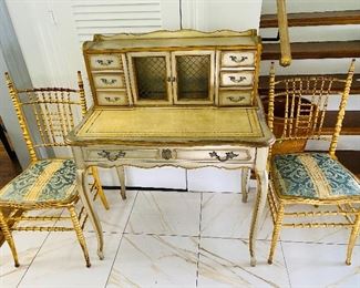 1-152: Antique French Inspired Writing Table;
30.5" wide x 12" deep x 30" tall from floor to table and 12" more from table to tip