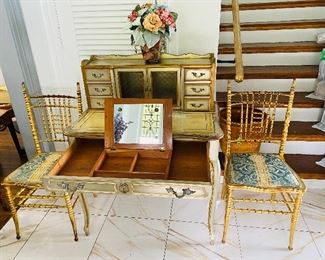 1-152: Antique French Inspired Writing Table by Hale Beds and 1-153: Pair of Antique Chairs