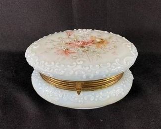 Antique Oval Wave Crest Art Nouveau Satin Glass Lidded Trinket Powder Dresser Box
