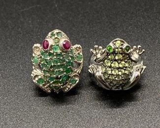 Pair of Sterling Silver Rhinestone Covered Frog Rings