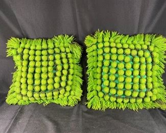 Pair of Vintage Lime Green Pom Pom Covered Yarn Trim Throw Pillows