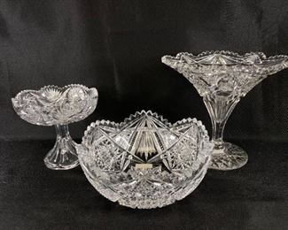 Set of 3 ABP Sawtooth Edge Cut Crystal Serving Dish Compote Bowl