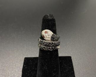 Sterling Silver 925 Rhinestone Covered Snake Serpent Ring