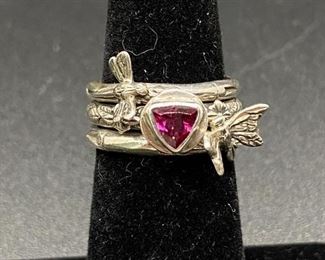 Sterling Silver Three Ring Stacker Set Butterfly Dragonfly