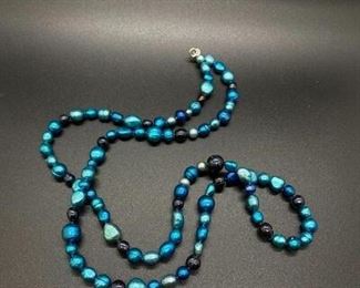 Turquoise Blue Metallic Finish Pearl Bead Necklace