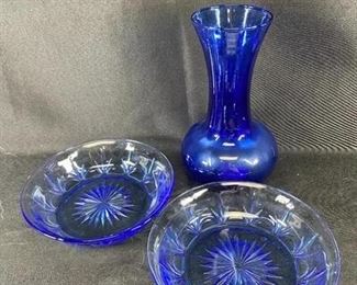 Vintage Blue Glass 3 Piece Lot