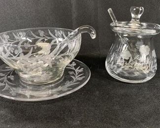 Vintage Etched Glass Jam Relish Condiment Dish Bowls