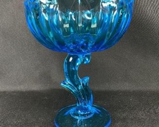 Vintage Bright Blue Tulip Flower Pedestal Candy Dish Compote Indiana Glass
