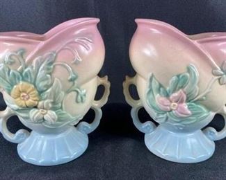 Vintage Matching Pink Blue Floral Hull Pottery Double Handle Urn Vases