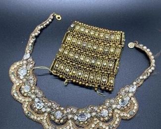 Bead Rhinestone Collar Necklace and Stretch Cuff Bracelet