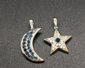 Sterling Silver CZ Sapphire Moon and Star Pendant Enhancers Charms