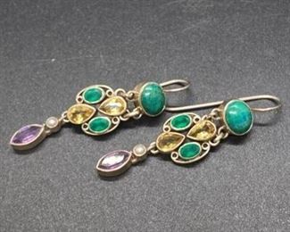 Sterling Silver Nicky Butler NB Gemstone Dangle Drop Earrings Malachite Amethyst Citrine