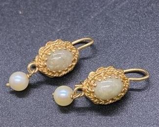 14k Yellow Gold Small Faux Pearl Dangle Earrings