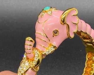 Vintage Pink Enamel KJL Kenneth Jay Lane Rhinestone Elephant Bangle Bracelet