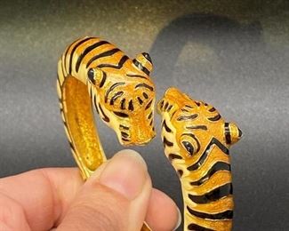 Vintage KJL Kenneth Jay Lane Enameled Tiger Spring Hinge Bangle Bracelet