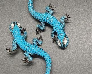 Joan Rivers Faux Turquoise Rhinestone Lizard Reptile Brooch Pins